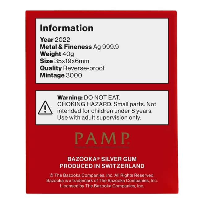 2022 40 gram PAMP Suisse Bazooka Joe Bubble Gum Silver Wafer - 75th Ann (w/Box & COA)
