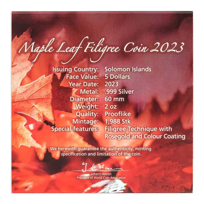 2023 Solomon Islands 2 oz Silver Filigree Maple Leaf Coin