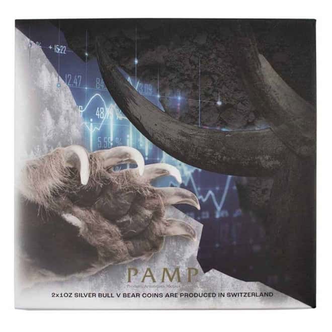 2021 Solomon Islands 2 x 1 oz Silver Bull vs Bear Interlocking 2-Coin Set .9999 Fine (w/Box & COA)