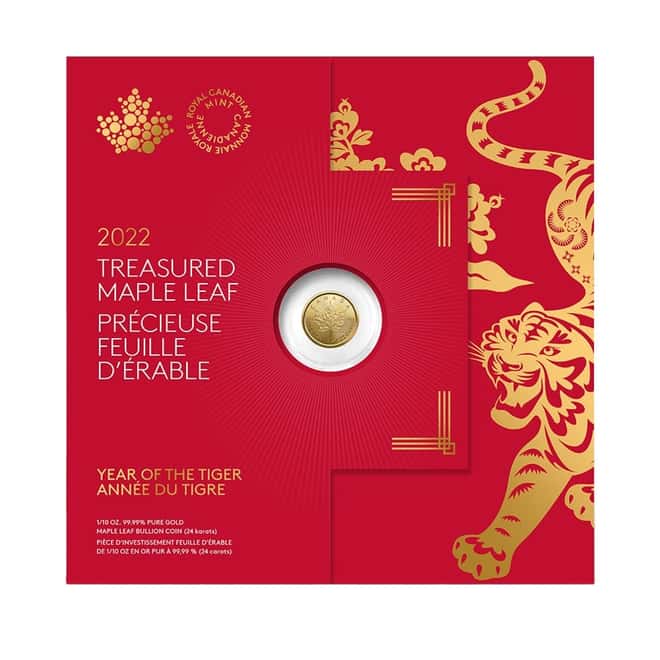 2022 1/10 oz Canadian Treasured Gold Maple Leaf $5 Coin BU - Year of the Tiger