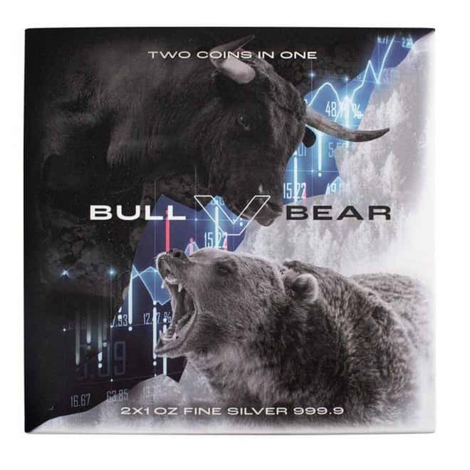 2021 Solomon Islands 2 x 1 oz Silver Bull vs Bear Interlocking 2-Coin Set .9999 Fine (w/Box & COA)