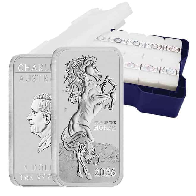 Box of 200 - 2026 1 oz Perth Mint Lunar Horse Silver Rectangular Coin Bar .9999 Fine