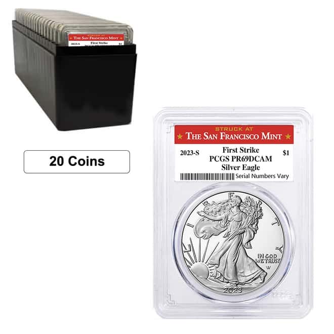 Box of 20 - 2023-S 1 oz Proof Silver American Eagle PCGS PF 69 FS (SF Label)
