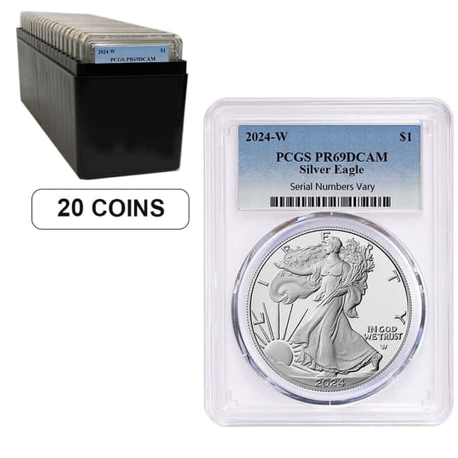 Lot of 20 - 2024-W 1 oz Proof Silver American Eagle PCGS PF 69 DC