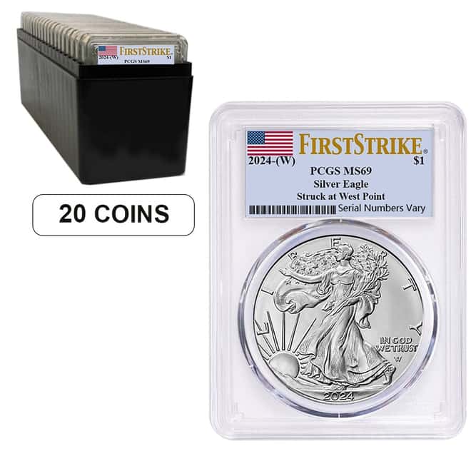 Box of 20 - 2024 (W) 1 oz Silver American Eagle PCGS MS 69 FS Flag