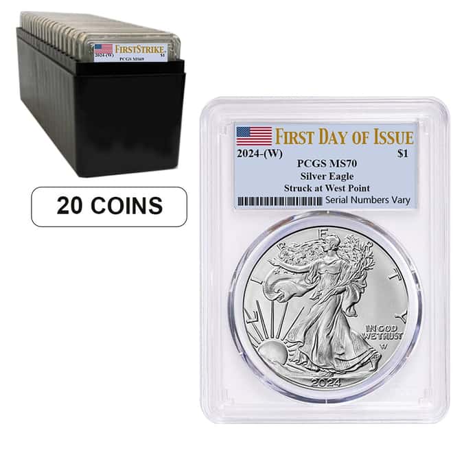 Box of 20 - 2024 (W) 1 oz Silver American Eagle PCGS MS 70 FDOI Flag