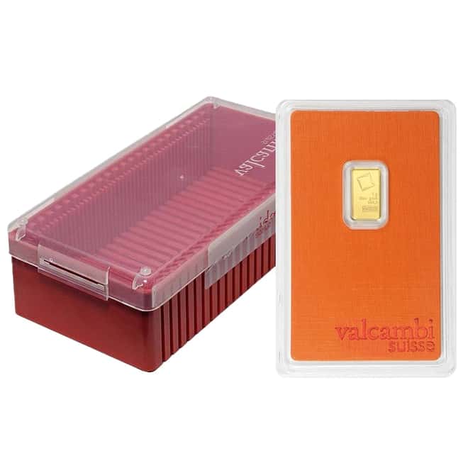 Box of 25 - 1 gram Gold Bar Valcambi Suisse .9999 Fine (In Assay)