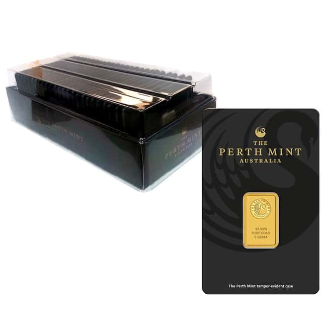 Box of 25 - 5 gram Perth Mint Gold Bar .9999 Fine (In Assay)