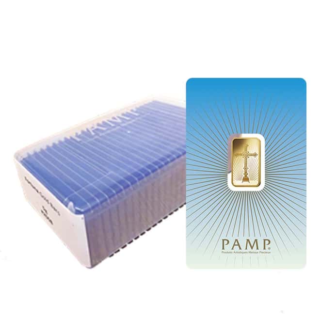 Box of 25 - 5 gram PAMP Suisse Gold Bar - Romanesque Cross (in Assay) .9999 Fine