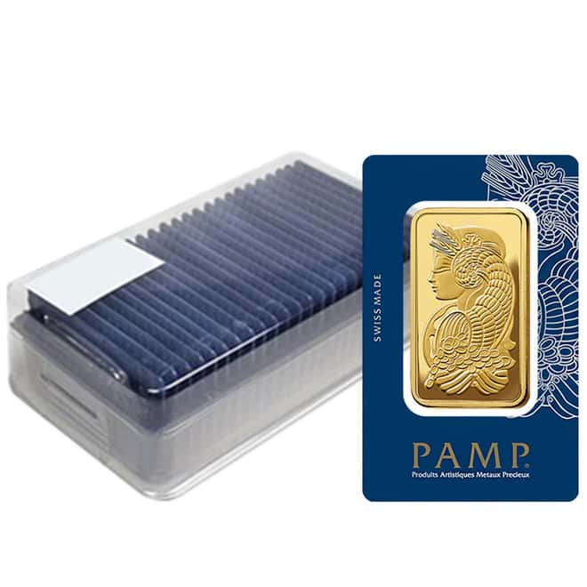 Box of 25 - 5 Tolas Gold Bar PAMP Suisse Lady Fortuna Veriscan .9999 Fine (In Assay)