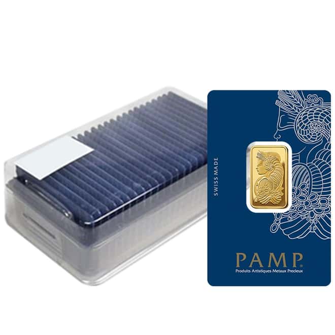 Box of 25 - 1 Tola Gold Bar PAMP Suisse Lady Fortuna Veriscan .9999 Fine (In Assay)