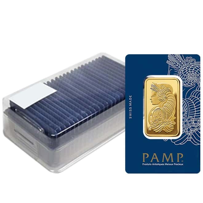 Box of 25 - 3 Tolas Gold Bar PAMP Suisse Lady Fortuna Veriscan .9999 Fine (In Assay)