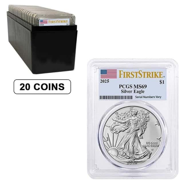 Box of 20 - 2025 1 oz Silver American Eagle PCGS MS 69 FS (Flag)