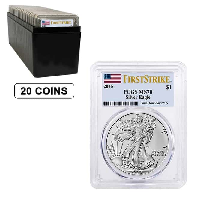 Box of 20 - 2025 1 oz Silver American Eagle PCGS MS 70 FS (Flag)