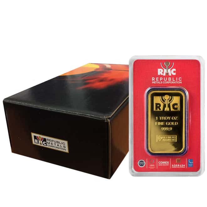 Box of 25 - 1 oz Republic Metals (RMC) Gold Bar .9999 Fine (In Assay)4