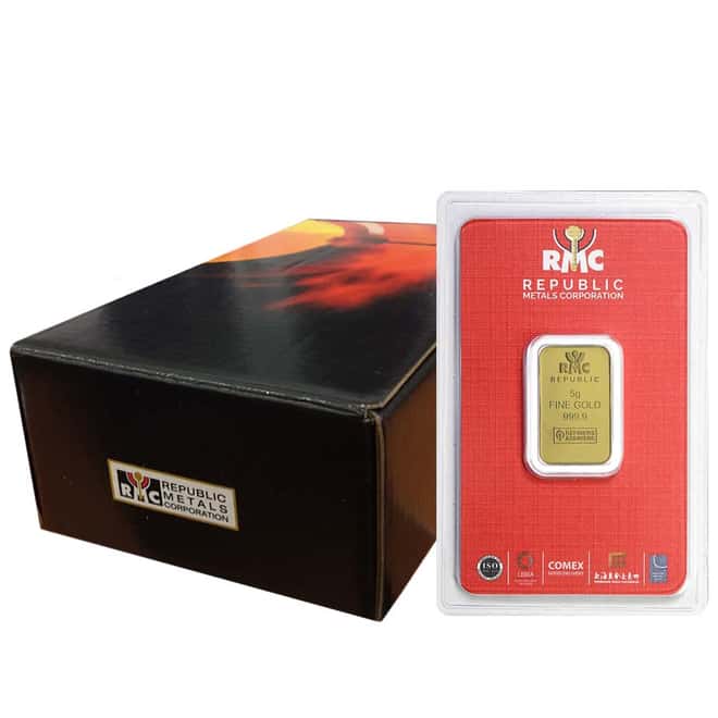5 gram Republic Metals (RMC) Gold Bar .9999 Fine (In Assay)