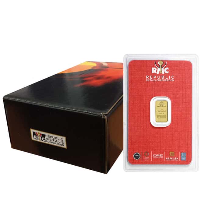 1 gram Republic Metals (RMC) Gold Bar .9999 Fine (In Assay)