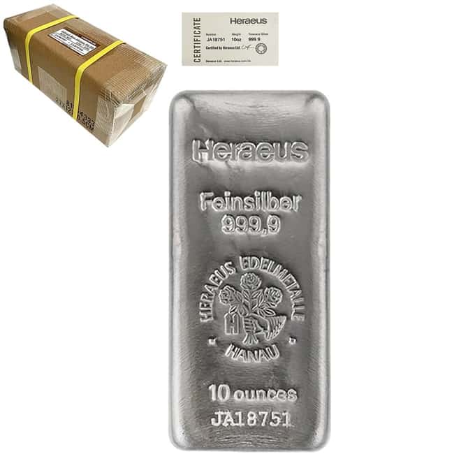Lot of 50 - 10 oz Heraeus Silver Bar .9999 Fine (w/COA)