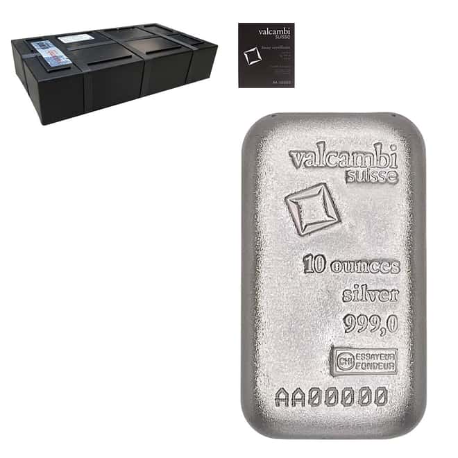 Box of 50 - 10 oz Valcambi Suisse Cast Silver Bar .999 Fine (w/Assay)