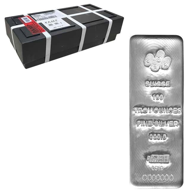 Box of 5 - 100 oz PAMP Suisse Silver Cast Bar .999 Fine (w/Assay)