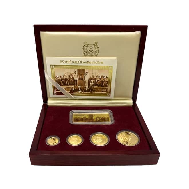 1999 0.9 oz Singapore Lion Proof Gold 4-Coin Set and 20 g Silver Ingot (w/Box & COA)
