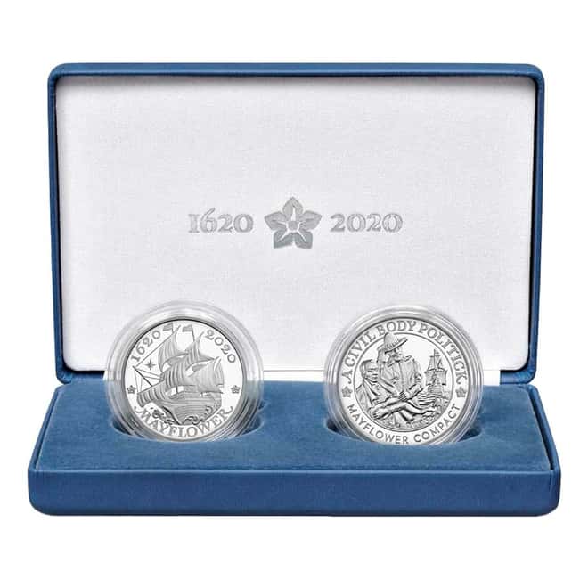 2020 US/UK 2 oz Mayflower Voyage Proof Silver 2-Coin Medal Set (w/Box & COA)