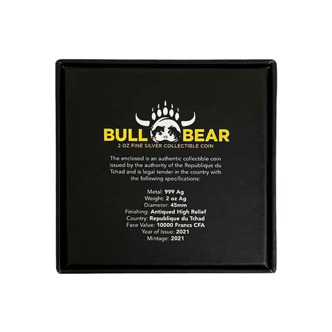 2021 Chad 2 oz Silver Bull vs Bear Pandemic Antiqued High Relief Coin (w/Box)
