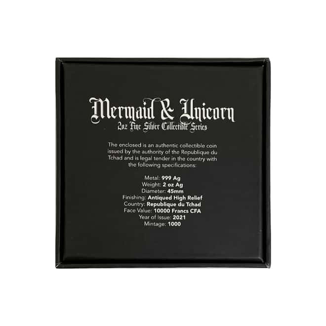 2021 Chad 2 oz Silver Mermaid & Unicorn - Mythical Creatures Series Antiqued High Relief Coin (w/Box)