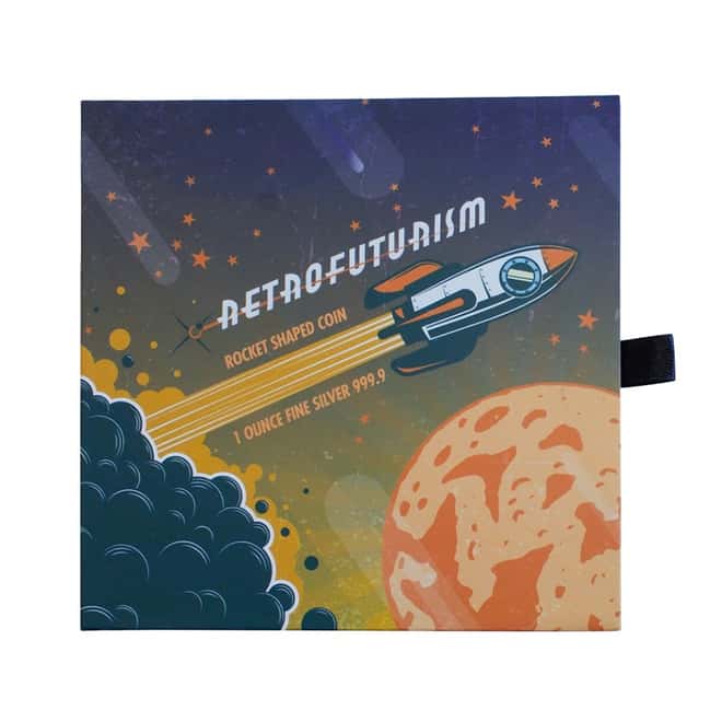 2021 Solomon Islands 1 oz Retrofuturism Rocket Shaped Silver Coin .9999 Fine (w/Box & COA)