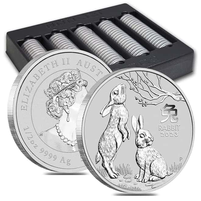 Box of 100 - 2023 1/2 oz Silver Lunar Year of The Rabbit BU Australian Perth Mint In Cap (5 Rolls, Lot of 100)