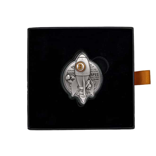 2022 Chad 1 oz Silver Bitcoin Rocket Shaped Antiqued High Relief Coin .999 Fine (w/Box)