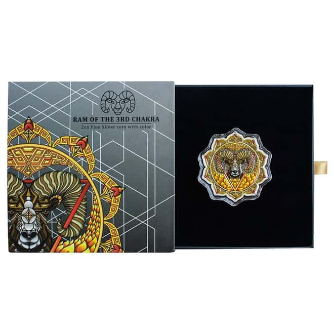2022 Solomon Islands 2 oz Ram of the 3rd Chakra Colorized Silver Coin .9999 Fine (w/Box & COA)