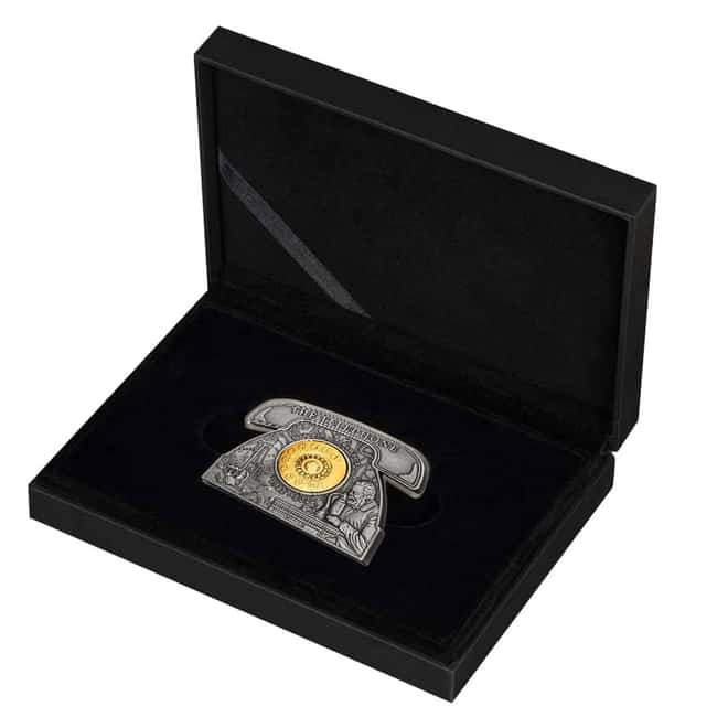 2022 3 oz Silver Alexander Graham Bell Telephone Shaped Coin Barbados .999 Fine (w/Box & COA)