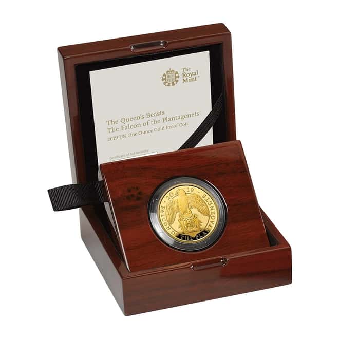 2019 Great Britain 1 oz Proof Gold Queen's Beasts Falcon of the Plantagenets Coin .9999 Fine (w/Box & COA)