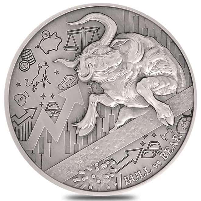 2021 Chad 2 oz Silver Bull vs Bear Pandemic Coin PCGS MS 69 FS Antiqued High Relief