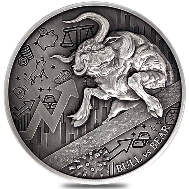 2021 Chad 2 oz Silver Bull vs Bear Pandemic Antiqued High Relief Coin (In Cap, Sealed)