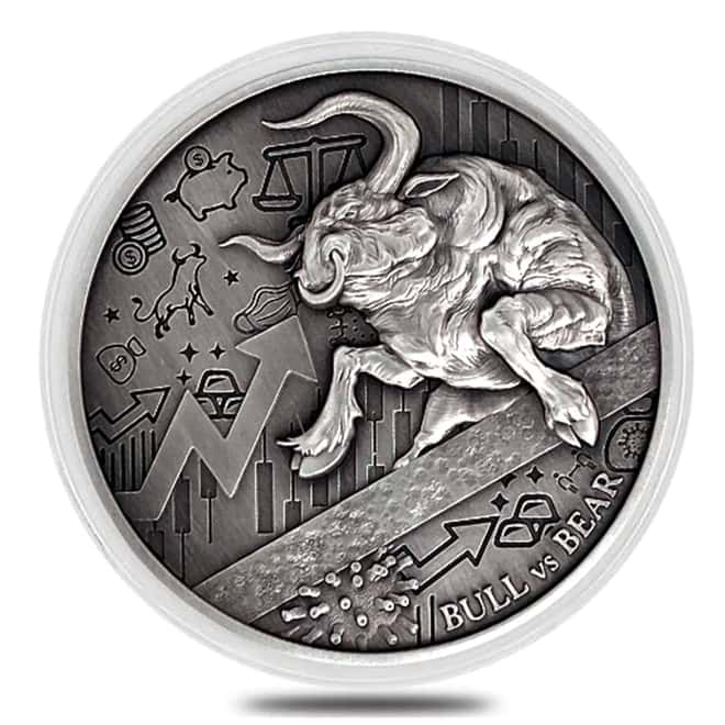 2021 Chad 2 oz Silver Bull vs Bear Pandemic Antiqued High Relief Coin (In Cap, Sealed)