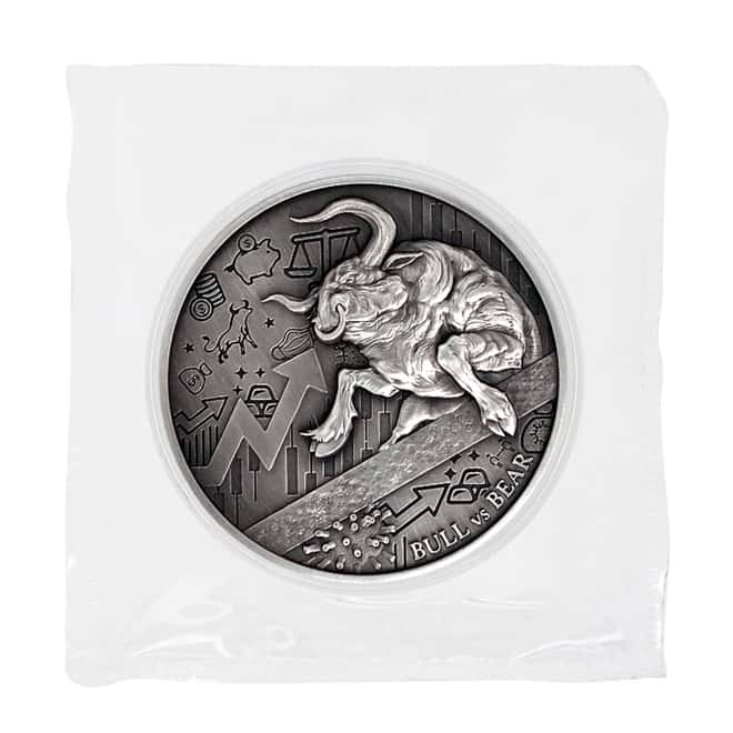 2021 Chad 2 oz Silver Bull vs Bear Pandemic Antiqued High Relief Coin (In Cap, Sealed)