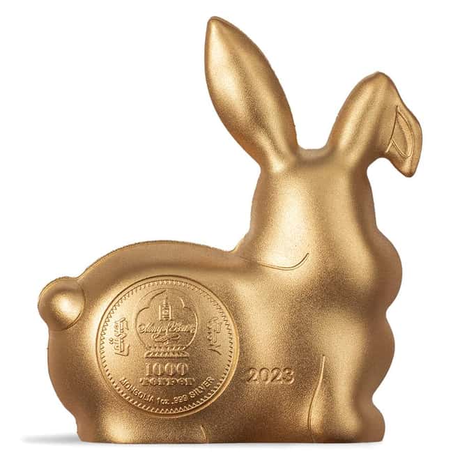 2023 1 oz Gilded Silver Lunar Year of The Rabbit Shaped Coin Mongolia .999 Fine (w/Box & COA)