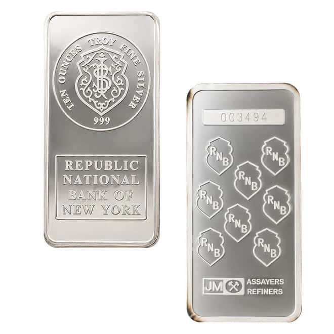 10 oz Johnson Matthey JM Republic National Bank Silver Vintage Bar .999 Fine