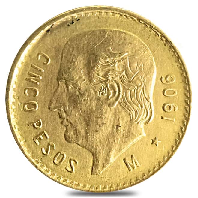 1906 Mexico 5 Pesos Gold Coin XF/AU AGW .1206 oz