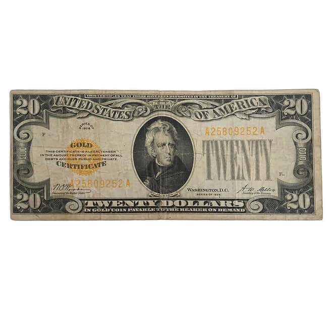 1928 $20 Gold Certificate Currency Note Woods Mellon Circulated