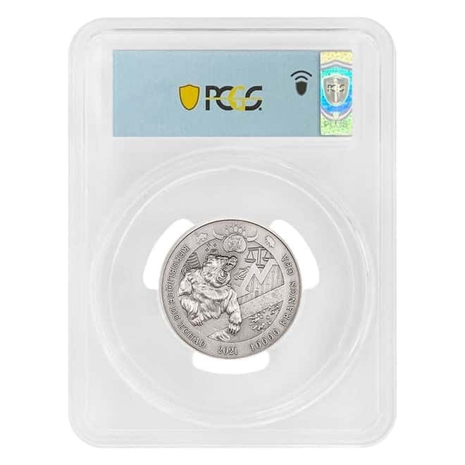 2021 Chad 2 oz Silver Bull vs Bear Pandemic Coin PCGS MS 70 FDOI Antiqued High Relief