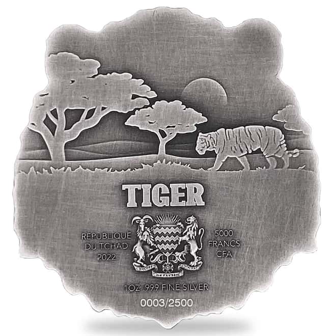 2022 Chad 1 oz Silver Tiger Coin Serial #3 Shaped High Relief (w/Box)