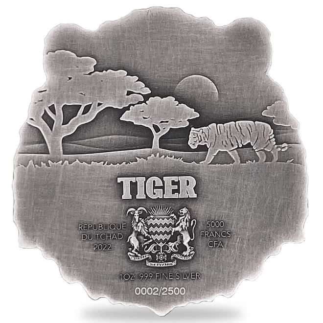 2022 Chad 1 oz Silver Tiger Coin Serial #2 Shaped High Relief (w/Box)
