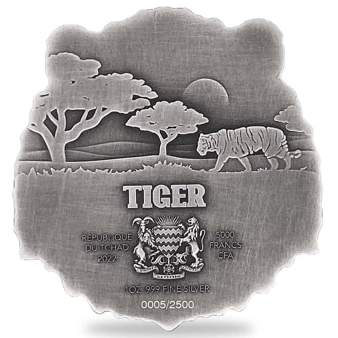 2022 Chad 1 oz Silver Tiger Coin Serial #5 Shaped High Relief (w/Box)