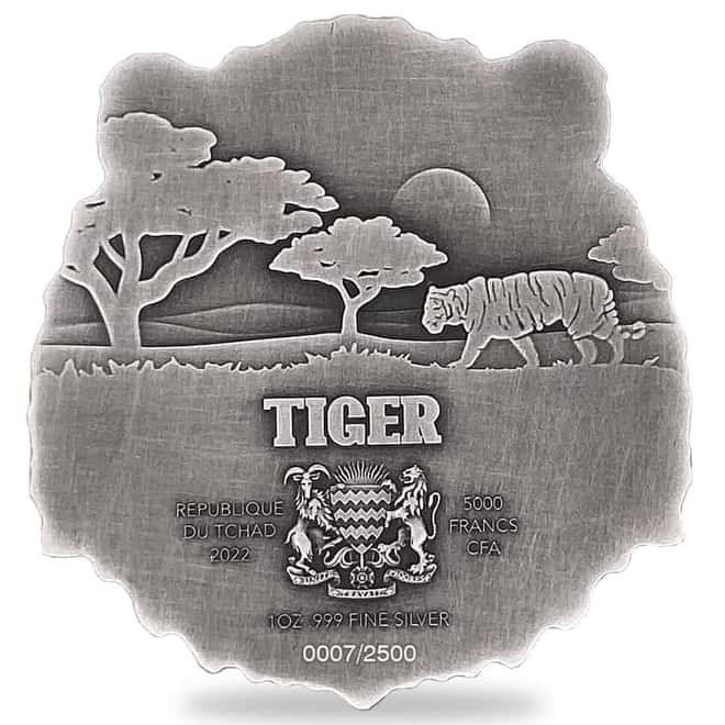 2022 Chad 1 oz Silver Tiger Coin Serial #7 Shaped High Relief (w/Box)