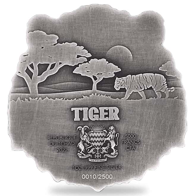 2022 Chad 1 oz Silver Tiger Coin Serial #10 Shaped High Relief (w/Box)