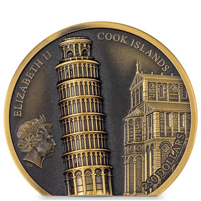 2022 Cook Islands 1 oz Gold Leaning Tower of Pisa Coin Antiqued .999 Fine (w/Box & COA)