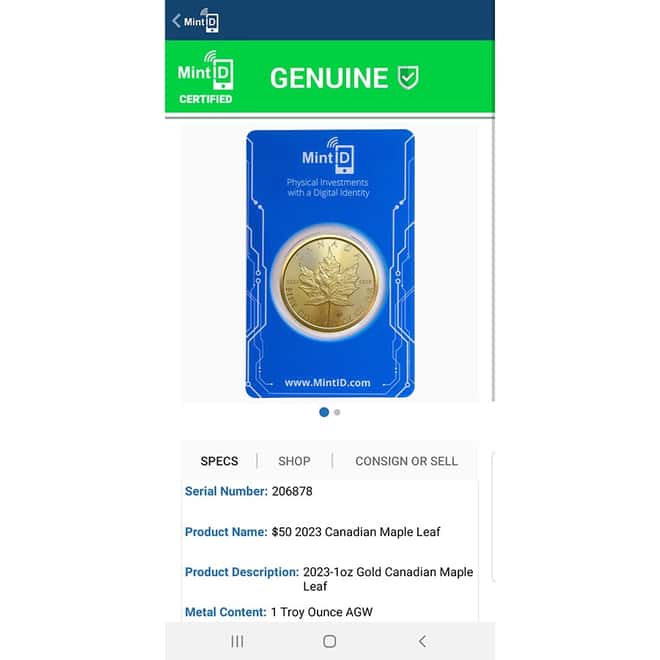 2023 1 oz Canadian Gold Maple Leaf BU (MintID NFC Scan Card)